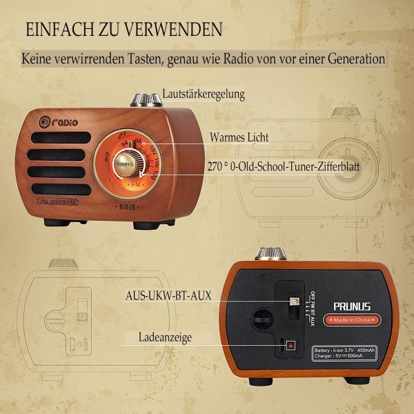 PRUNUS R-818 Retro radio i tre med Bluetooth-høyttaler, bærbar FM VHF