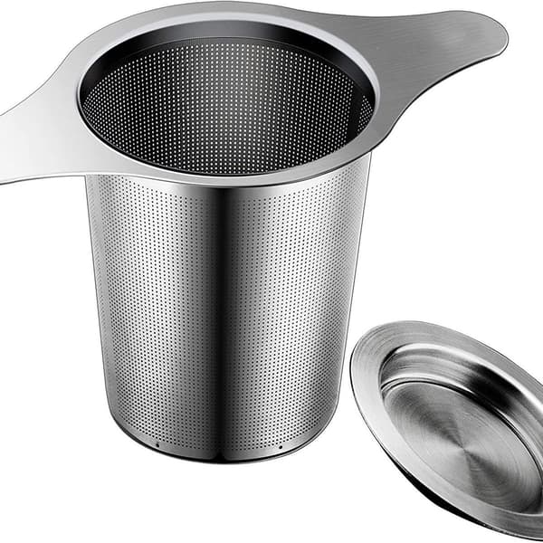 Te-si, rustfrit stål, te-si te-filter med dobbelthåndtag og drypbakke