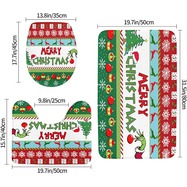 Stole Christmas Duschdraperi Set med 4 72x72 Tum Grinch 3 med halkfri matta, toalettlock och badmatta, vinterjul badrumsdekor