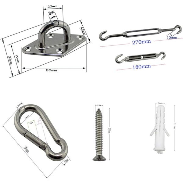 M8 Skuggskydd Tillbehör, 304 Rostfritt Stål Skuggskydd Fästsats, Tung Last, Takkrok Monteringssats, Lätt Montering för Trädgård Balkong KLB
