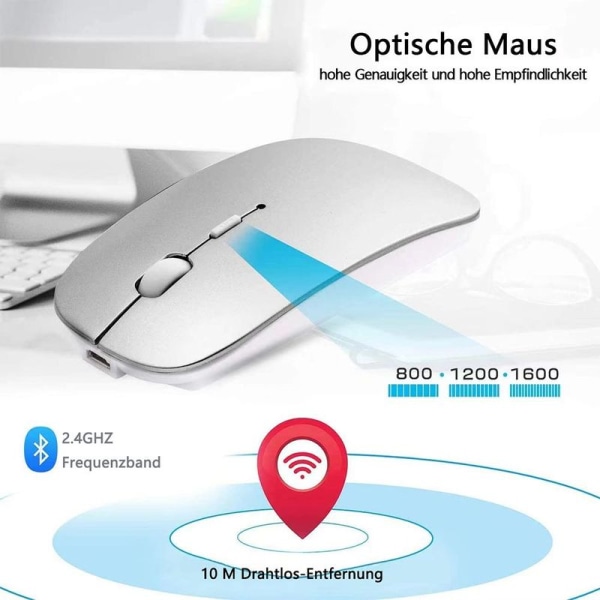 Bluetooth-mus, oppladbar, stille, mini-mus, 3 DPI-justerbar Bluetooth