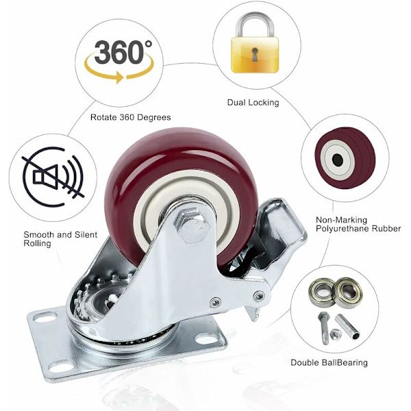 125mm svingbare transporthjul med bremser og skruer - 360° rotasjon - for pallmøbler - Maksimal belastning: 150 kg - (Rød, 2 stk) KLB