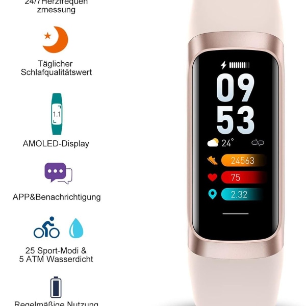 SmartWatch för kvinnor och män, fitnessklocka med 1,10 tum AMOLED pekskärm