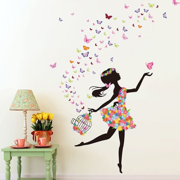 Romantisk dansande flicka Blomma Fairy Butterfly Avtagbara väggdekaler klistermärken,Barn Baby Room Nursery DIY dekorativa självhäftande väggdekaler