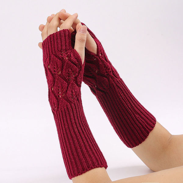 Dam Knittade Jacquard Löv Cykling Varma Öppna Finger Halvfinger Typi Jujube Röd KLB