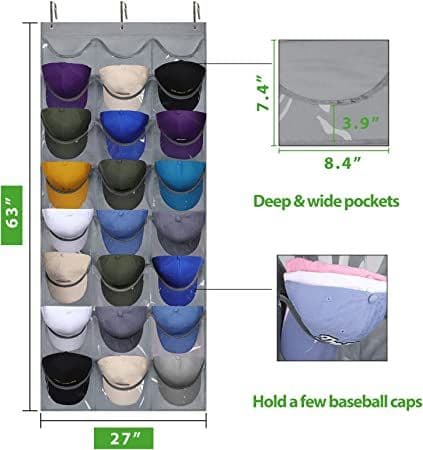 24 Syvä tasku Hat Rack-Hat Organizer-Hat Holder Baseball Caps, Näkyvä Hat Holder-Baseball Hat Rack seinälle Ovi 3 Koukulla
