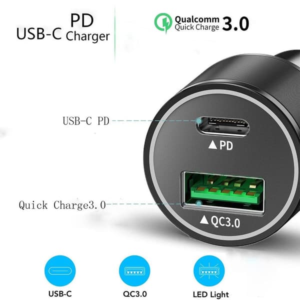 Billader til bil PD USB-billader 2 porte med strømforsyning til MacBook KLB