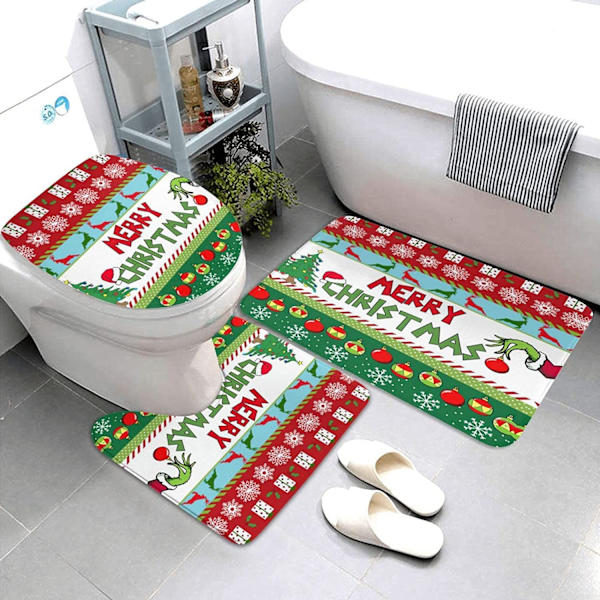 Stole Christmas Duschdraperi Set med 4 72x72 Tum Grinch 3 med halkfri matta, toalettlock och badmatta, vinterjul badrumsdekor