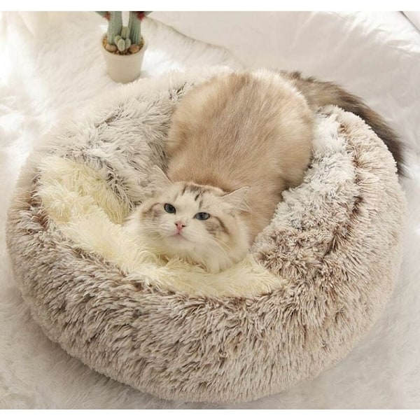 Fluffy Cat Basket Anti Stress Extra Soft Soothing Dog Bed XL Sofa Comfortable Washable Home, Cushion, Non-Slip (50cm, Brown) KLB