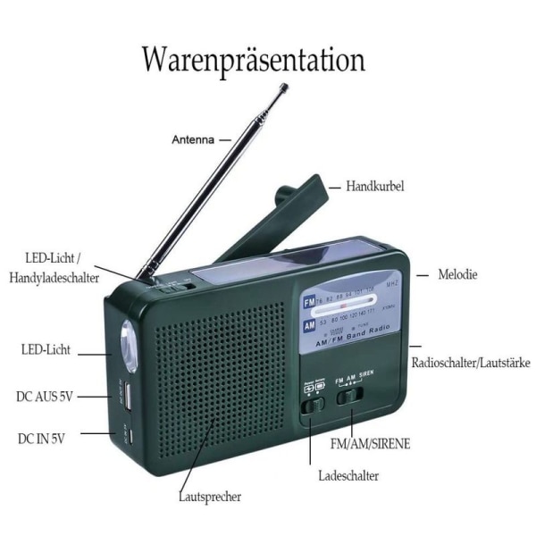 Bärbar nödradio Solar Radio Vev AM FM-radio med LED Torch USB -port