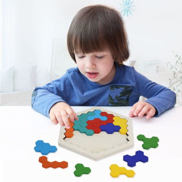 Trähexagonpussel - Formblock Tangram Hjärngymnastik Leksak Geometri KLB