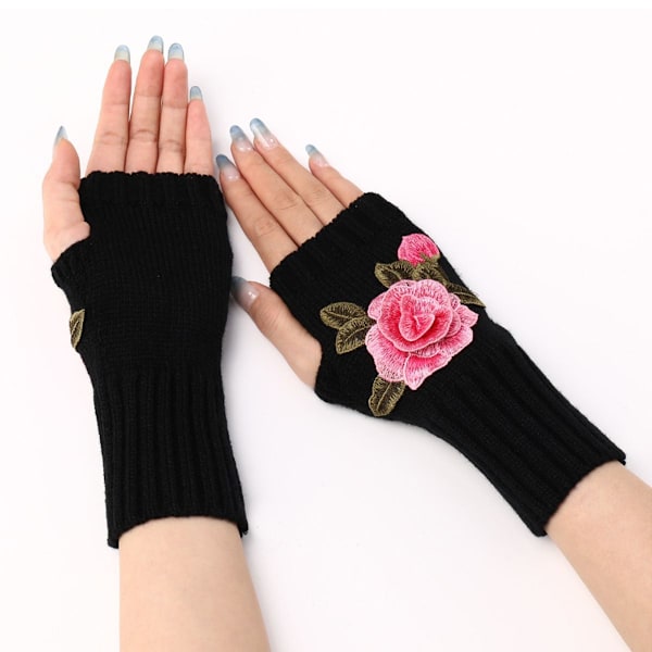 Vinterhandskar utan fingrar Halvfingerhandske Svart + Rosa blomma KLB