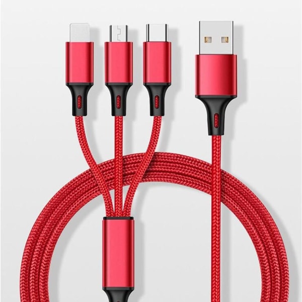 Multi USB-kabel, GIANAC 3 i 1 ladekabel nylon multippel rød KLB