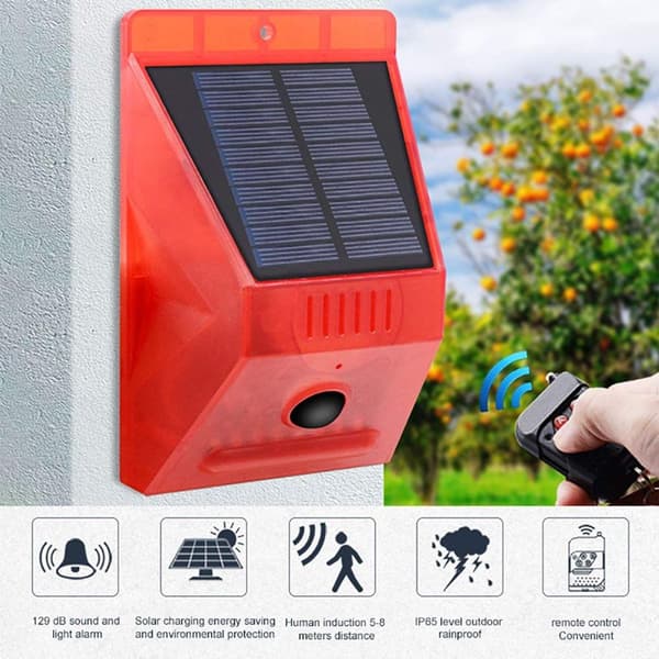 Solalarm, bevegelsessensor, IP65, vanntett, LED-blitsvarsel, leilighet, Te