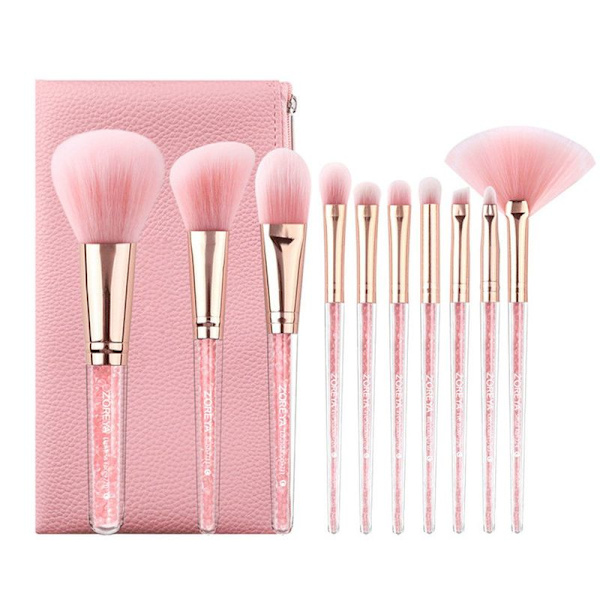 Makeupborste Set 10 st Rosa Trähandtag Mjuka Kabuki Borst