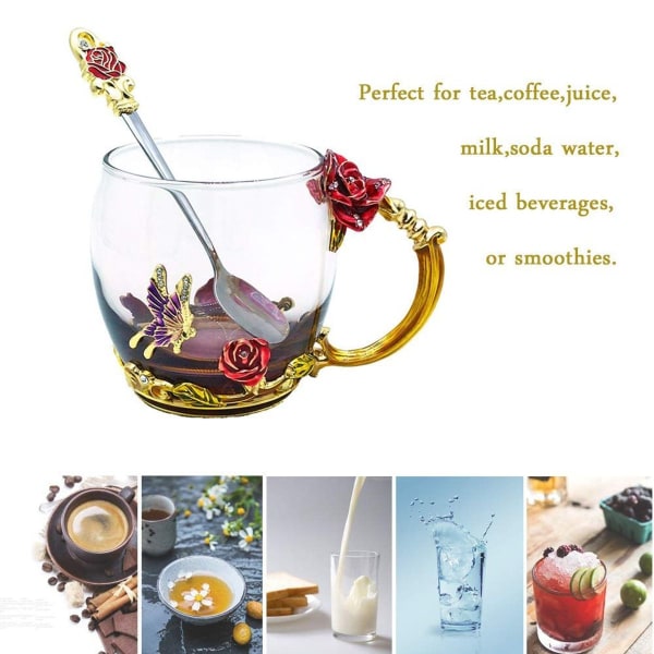 Glas Tekopp, Kristallklar Blomster Te Kaffe Kopp, Handgjord Emalj KLB