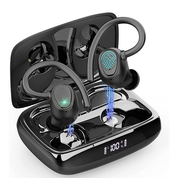 Bluetooth 5.1 hodetelefoner sport, hodetelefoner trådløse in-ear svart