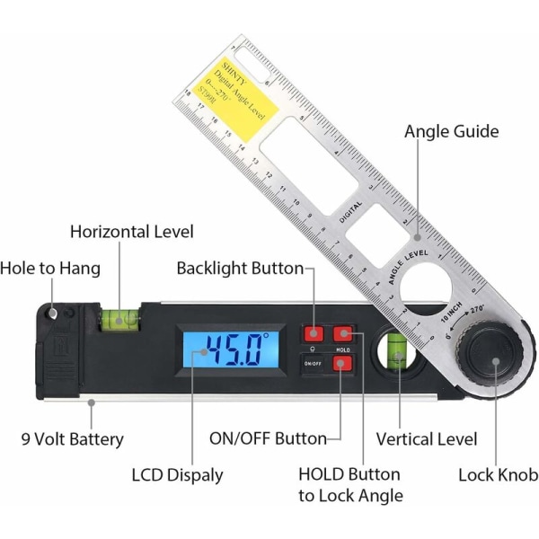 3PCS Vinkelmåler 0-270°, Lasernivå med digitalt display, Nivå med LED-bakgrunnsbelysning, Digital vinkelmåler KLB