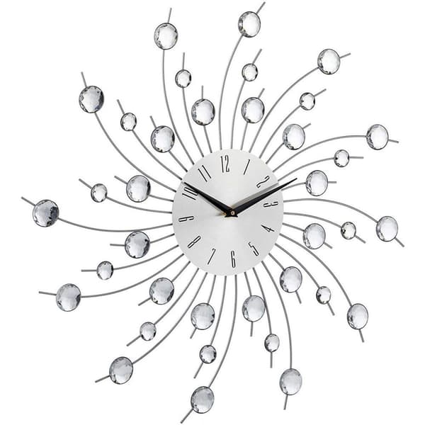 Sunburst Väggklocka Glittrande Bling Metallisk Silver Blomformad Väggklocka för KLB