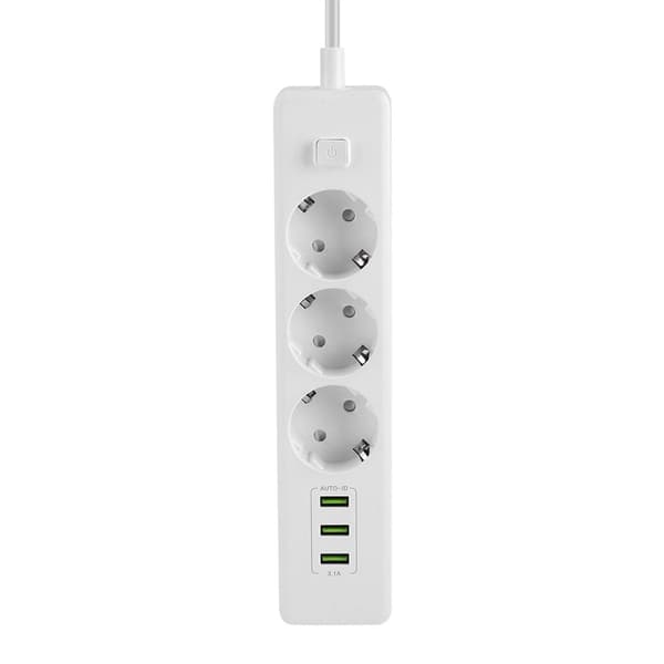 Smart USB-strømskinne med EU-plugg, 3 porter og 3 stikkontakter KLB