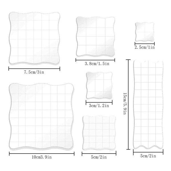 Set med 7 stämpelblock i akryl, akrylblock med rutnät, transparent