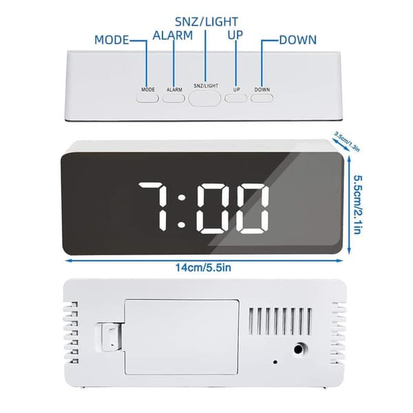 LED-spegel digital bordsur, klocka, display, datum, temperatur för hem och sovrum