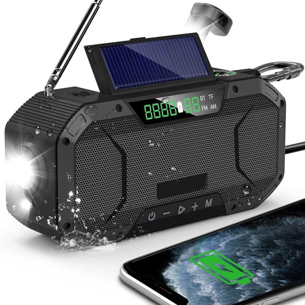 Nödradio Stänksäker Bluetooth högtalare Bärbar AM/FM Solar Crank Radio