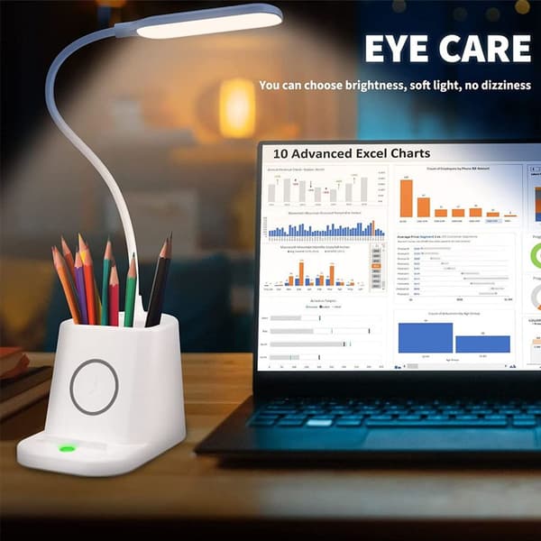 LED-skrivebordslampe med trådløs oplader, øjenvenlige skrivebordslamper til KLB
