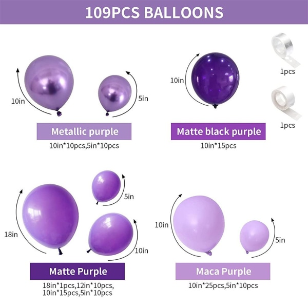 Lilla ballonsæt, 109 stykker lilla ballonbue-kranssæt, med lilla metalballoner, Makaron lilla lilla latex-ballonsæt, bruges til indretning
