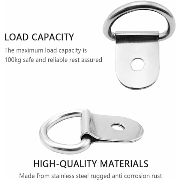 Rustfrie stål surringsringer 20 stk. D-ringer forankrings surringsringer for tilhengere tunge maskiner elektroverktøy camping 36x25mm sølv KLB