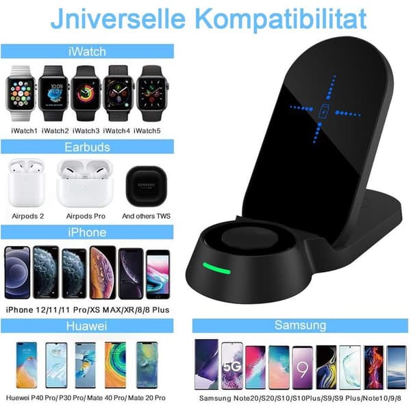 3 i 1 Foldbar Trådløs Ladestation Kompatibel med Sort