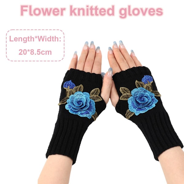 Vinter Fingerless Hansker Halv Finger Hanske Svart + Blå Blomst KLB