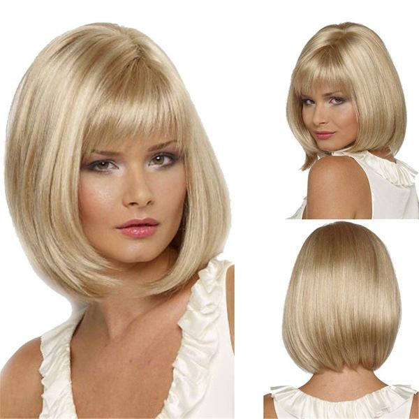 Blond kort kvinne parykk, naturlig, fullstendig syntetisk, rett hår