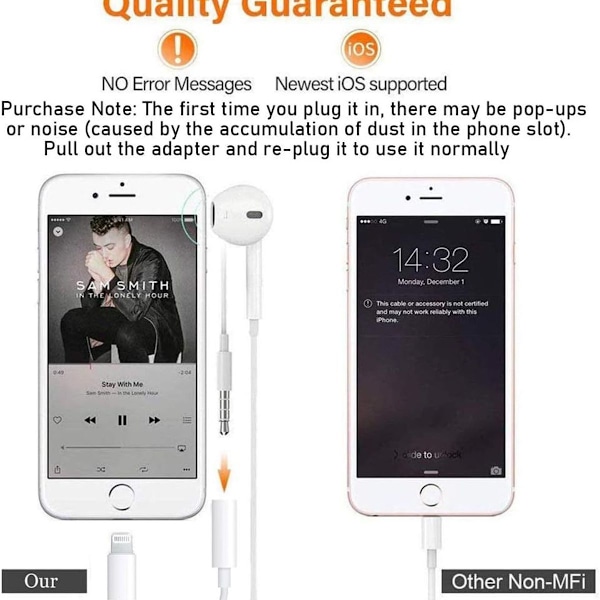 Pakke - Apple Lightning til 3,5 mm hodetelefonkontakt Adapter Port Aux Audio KLB