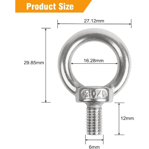 Silmäpultit M6 Silmäpultit Nostokannakkeet Kierrekierteet 304 Ruostumaton teräs Kiinnityshihnaan Liitä DIY 12 kpl KLB