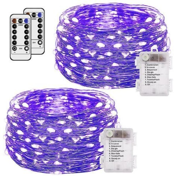 Fairy Lights, pakke med 2 batteridrevne 5 LED-er 16,4 fot med fjernkontroll for julefest, hage-lilla