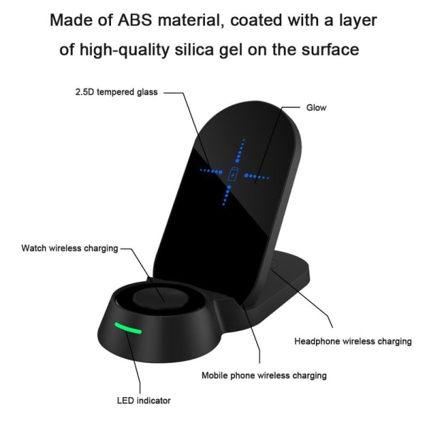 3-i-1 sammenleggbar trådløs ladestasjon kompatibel med svart