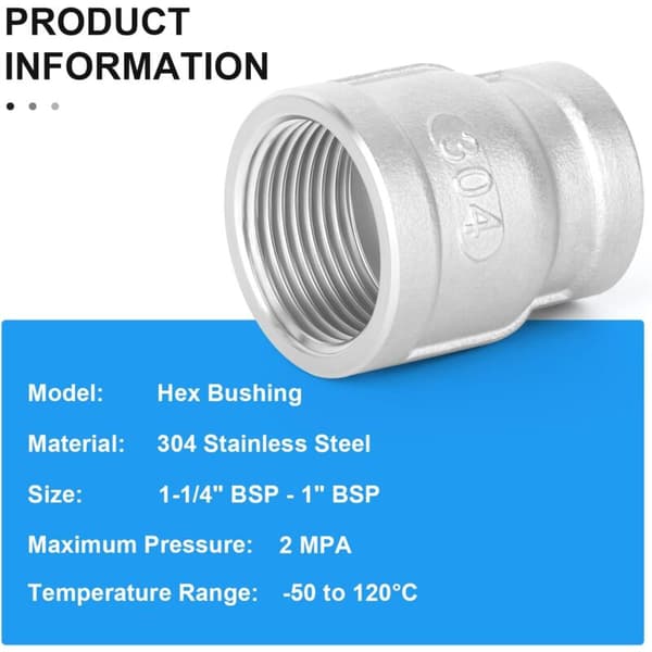 1 stk. 1-1/4\" x 1\" BSP hun-reduktionsfitting, rustfrit stål 304 rørfittings, KLB