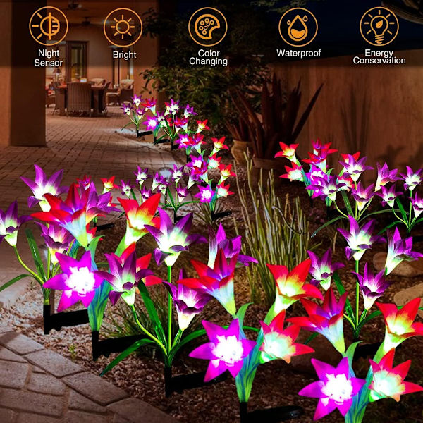 Pakke med 4 Lily Solar Lights, Flerfarget Fargeskiftende Lys, Vanntett KLB