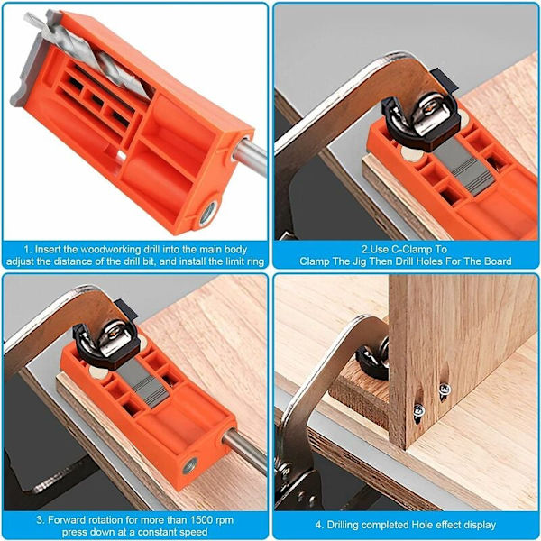 Pocket Hole Jig Set, 15° Snedställningsborr Jig, Snedställningspositioneringsverktyg för träbearbetning Vinkelborrguide KLB