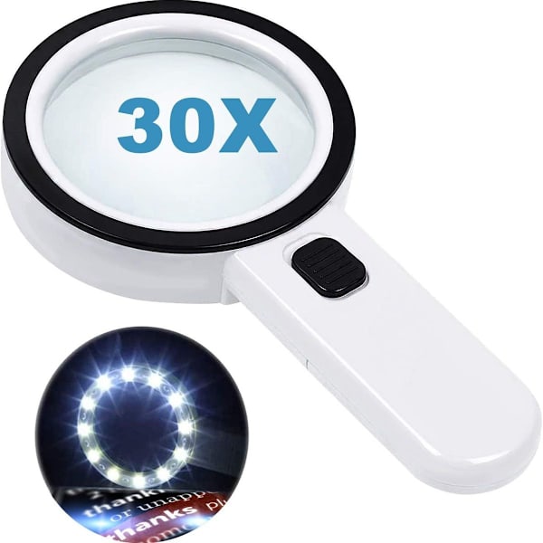 Förstoringsglas med 12 LED-lampor, 30x dubbelglaslins handhållen belyst KLB