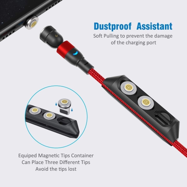 540 Graders Magnetisk Opladningskabel Nylonflettet Rød Pakke med 3 3ft + 6ft + 6ft