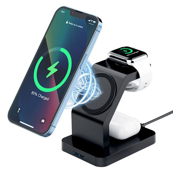 3 i 1 trådløs oplader til Apple iPhone 13/13 Pro/13 Pro Sort