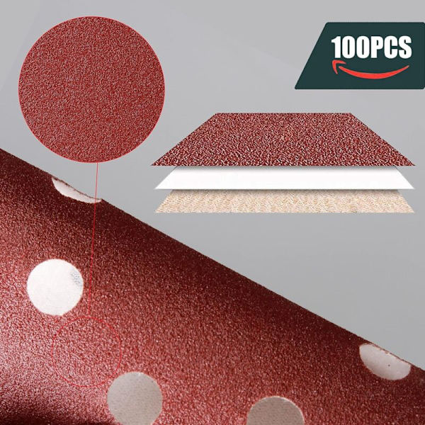 100 stk. 125 mm slibeskive til P80/P120 korn excentersliber, 8 huller krog- og løkke-skive med velcro, farve: P80 KLB