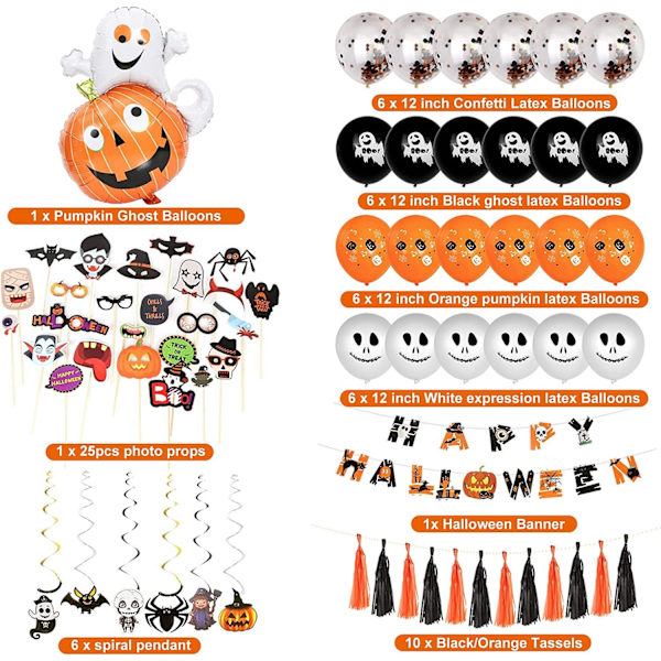Halloween-ilmapallot - Halloween-koristeet, Halloween-seinävaatepaketti, 48 ilmapalloa, 25 valokuvarekvisiittaa, banderolleja, kurpitsoja, kirjainseppeleitä