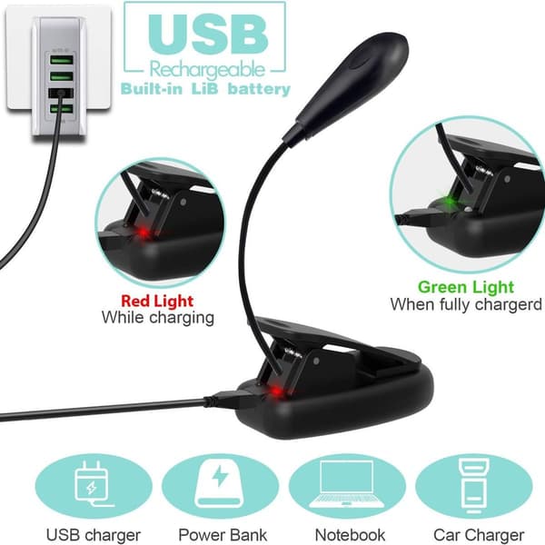 Oppladbar bokleselampe, 9 lysstyrkemoduser, 7 LED-leselamper KLB