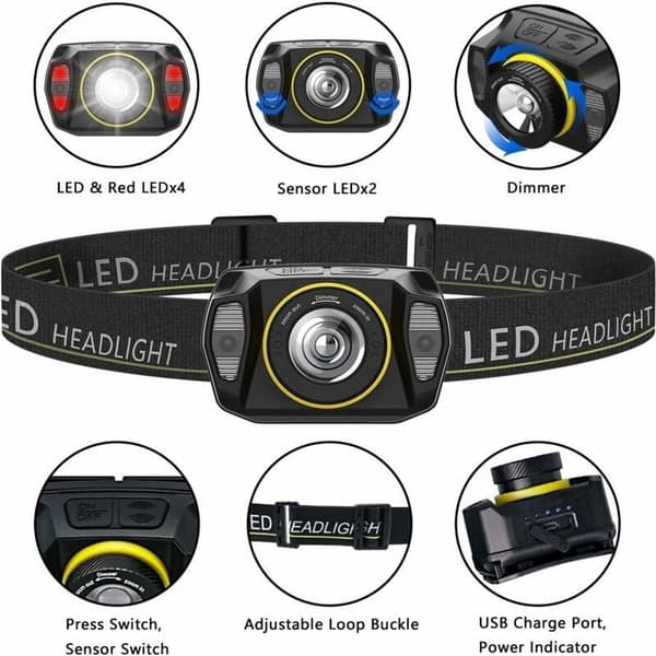 LED hodelykt, zoomable, lett, sensor, oppladbar, USB hodelykt, kraftig