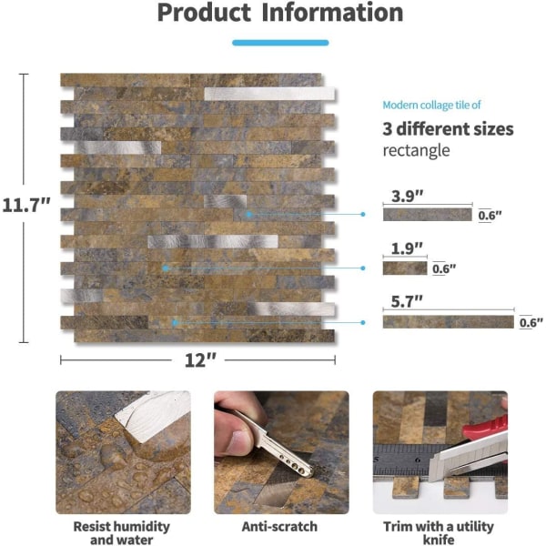 5 ark Peel and Stick fliser for kjøkkenbakplate - Rustikk skifer