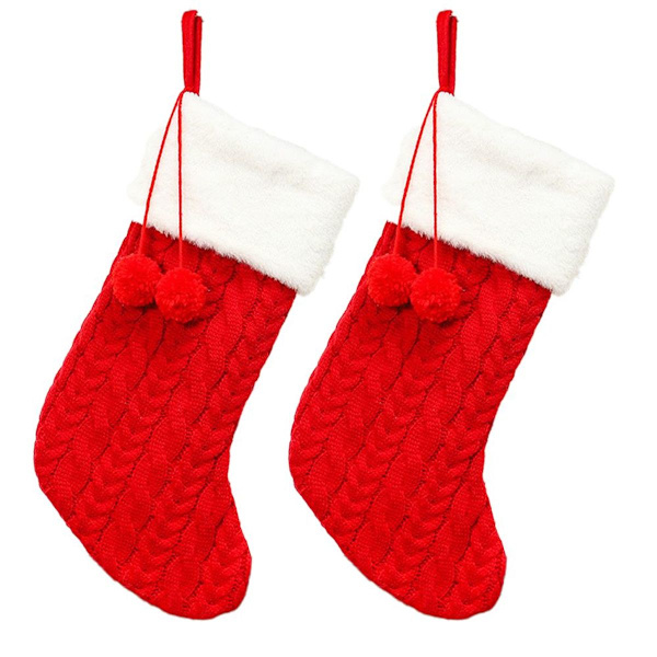 2-pack röda stickade julstrumpor med pompom KLB