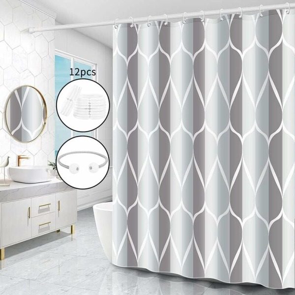 Dusjforheng, vaskbart, antibakterielt, antimugg, vanntett, polyester med 12 ringer (grå, B 220 x H 200 cm) KLB